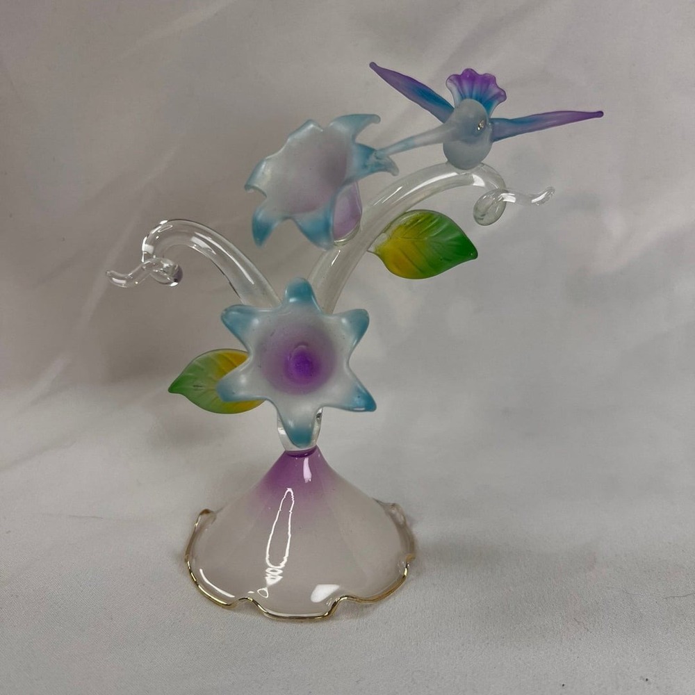 Unbranded Glass Hummingbird Figurine Purple Blue Frosted Lily Flower Excellent